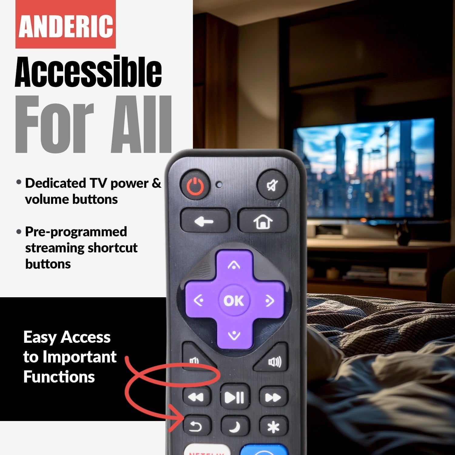 Anderic RRST01.26 Universal for all Roku Players and TV's with Learning | Replaces RC-ALIR, RC-CHIR, RC280, Ultra, Express, and more