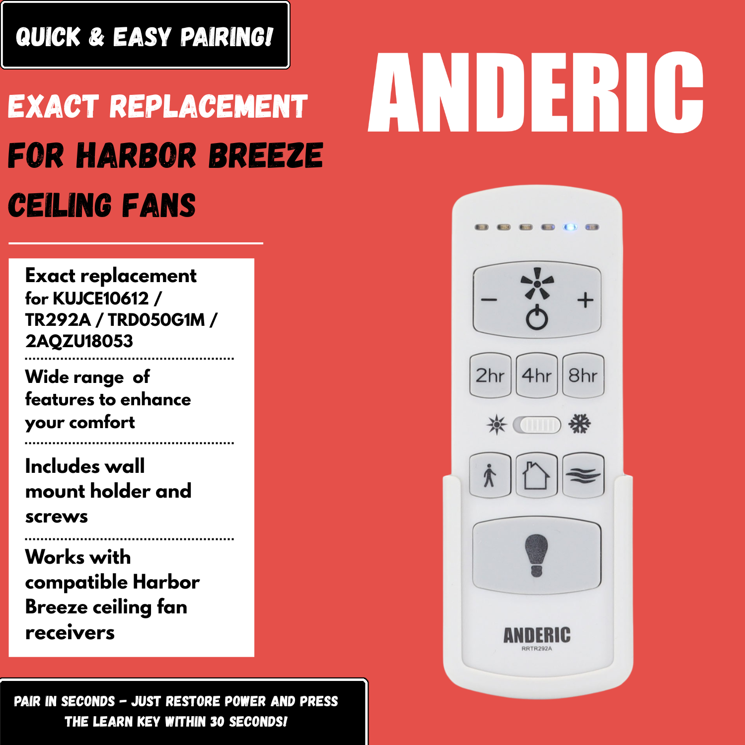 Anderic RRTR292A Replacement Ceiling Fan Remote Control for Harbor Breeze TR292A, TRD050G1M, 2AQZU18053, and KUJCE10612 [RRTR292A]