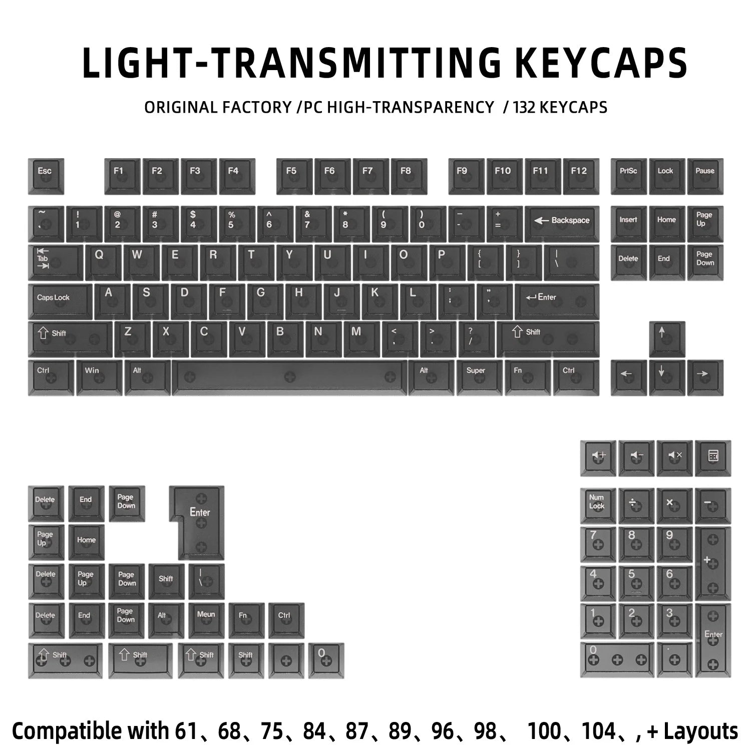 130 Keys Black Full Transparent PC Keycaps UV Printing Clear Crystal Key Caps Cherry Profile for MX Switches Gaming Keyboard