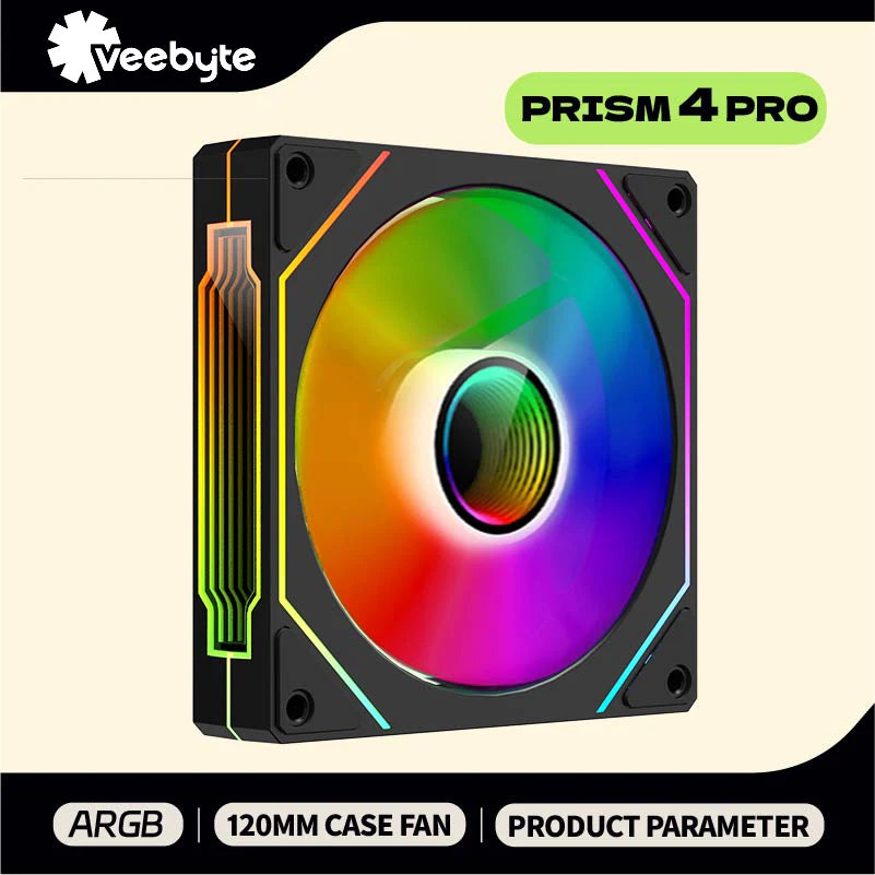 Veebyte PRISM 4 PRO Computer Chassis Fan 120mm 5V 3PIN ARGB 4 Pin PWM Quiet Cooling Fan 12V Large Air Volume 45.2CFM/600-1500RPM