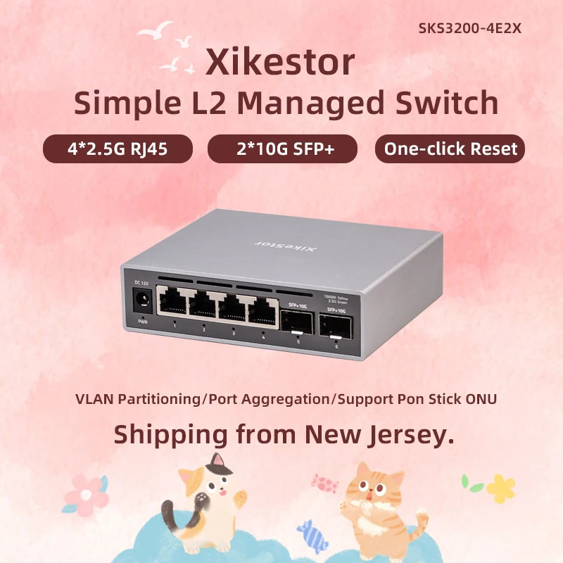 XikeStor 2.5G Simple L2 Managed Switch 4-Port 2.5G RJ45 2-Port 10G SFP+ Ethernet Switch VLAN & Port Aggregation One-click Rest