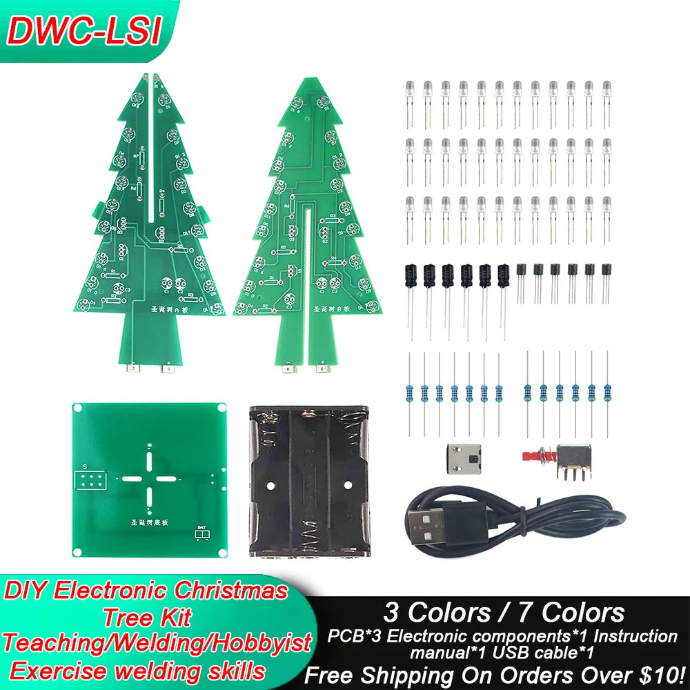 Three-Dimensional 3D Christmas Tree LED DIY Kit Red/Green/Yellow LED Flash Circuit Kit Electronic Fun Suite