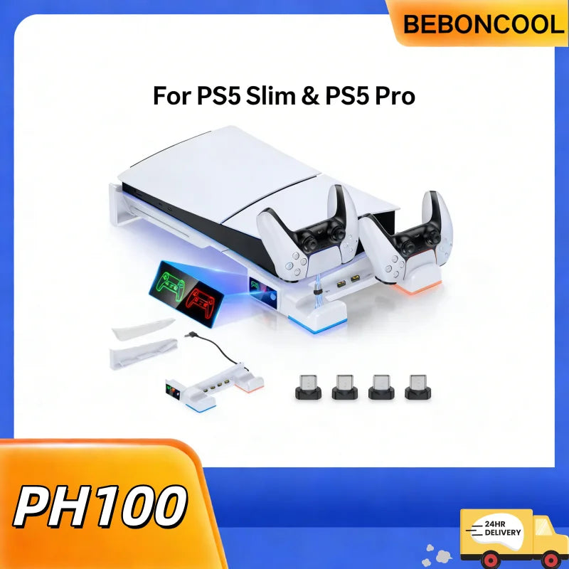 BEBONCOOL PH100 for PS5 Pro/Slim Digital / Disc Version Horizontal Charging Brack with Lights Suitable for PS5 Accessories