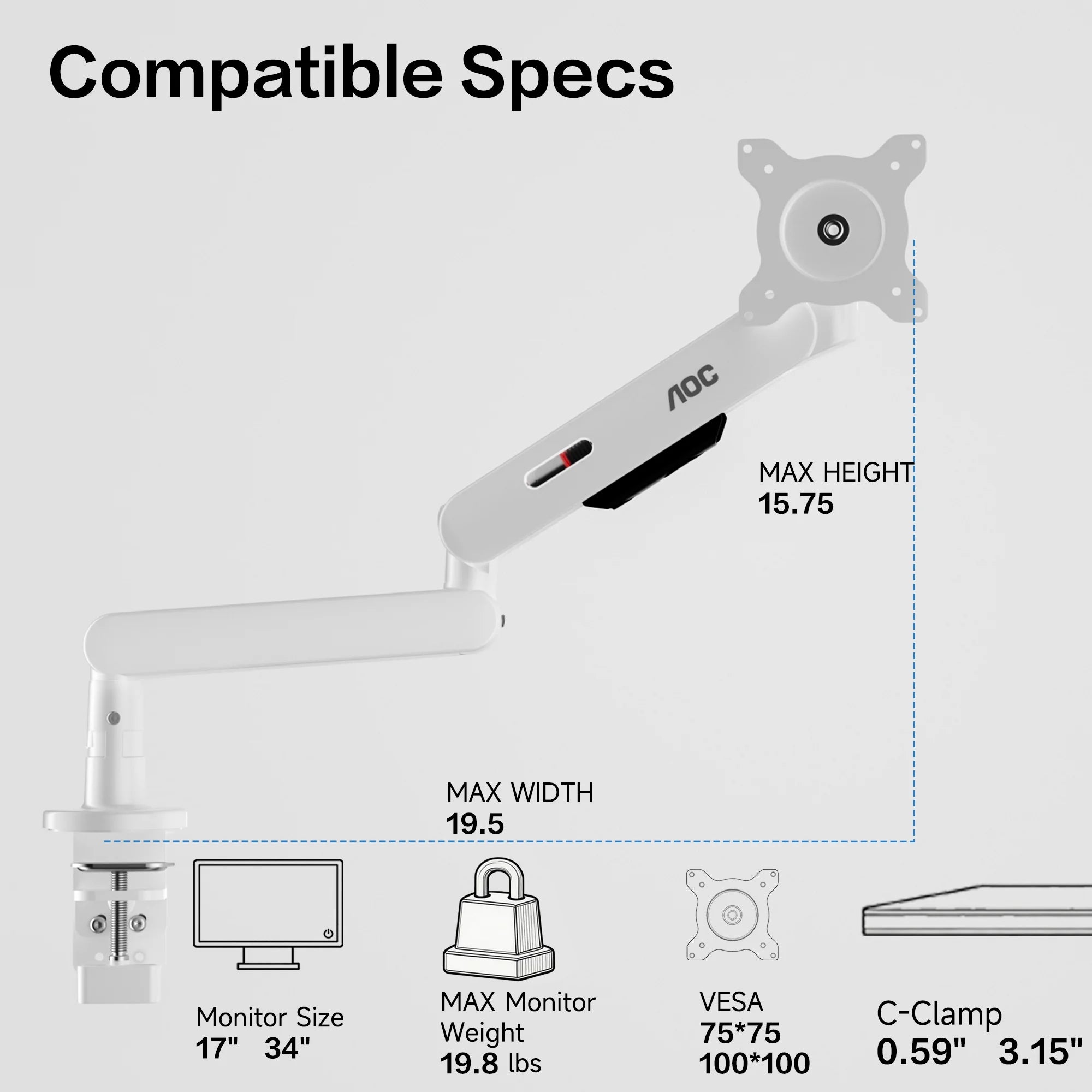 AOC AM406PLUS Premium Aluminum Adjustable Single Monitor Mount Desktop Bracket Display Arm Holder Desktop Clamp Stand Home Office Monitor Stand