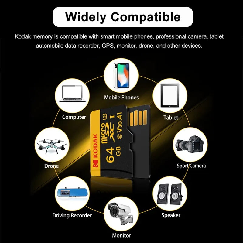 KODAK Micro SD Card Memory Card UP TO 100MB/s C10 U3 32GB 64GB 128GB 256GB TF Card 4K HD For USB Card Reader Adapter Microsd