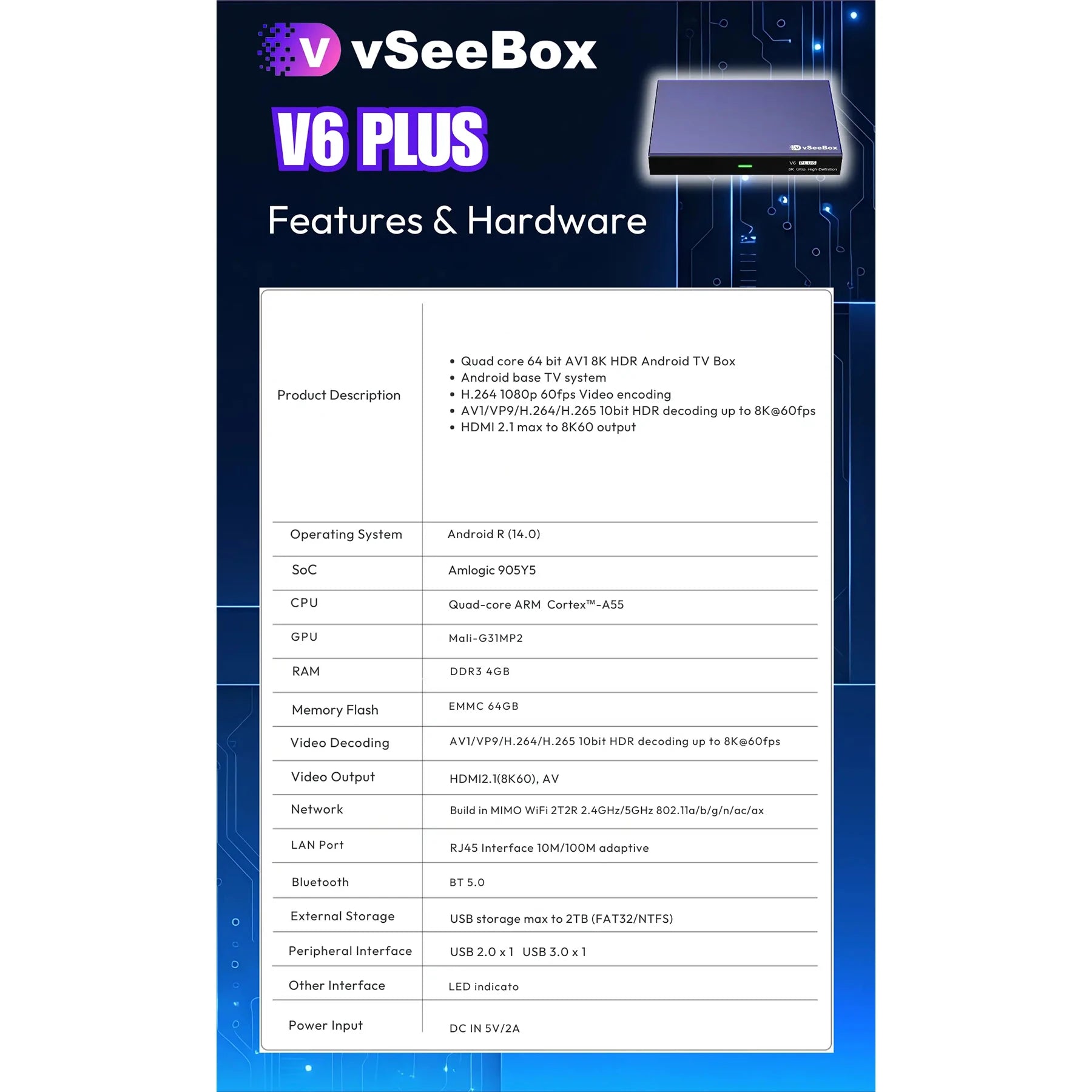 vSeeBox V6 Plus 64GB 8K HD Officially Authorized Voice Control