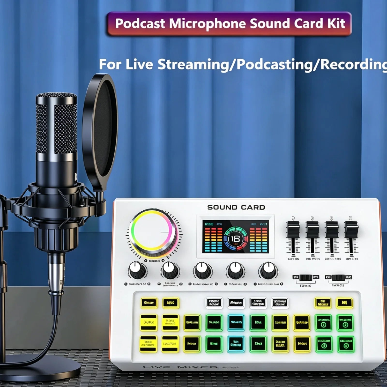 Tenlamp Y300-P15B Professional Podcast Equipment Bundle Kit for 4 People, Studio Sound Card with 3.5mm Condenser Mic  for PC Smartphone Laptop Computer , Live Audio Mixer Voice Changer for Streaming Singing Gaming Recording V