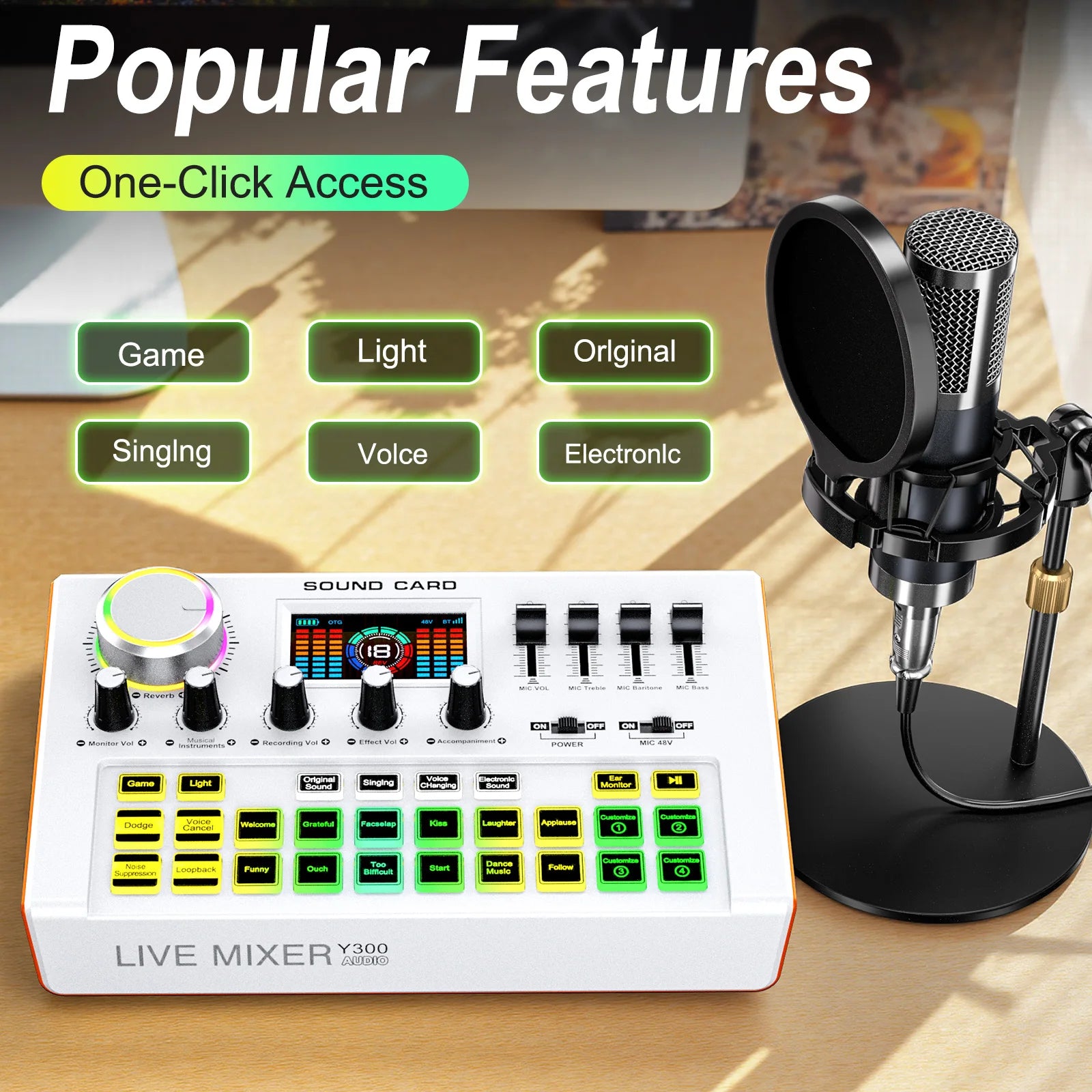 Tenlamp Y300-P15B Professional Podcast Equipment Bundle Kit for 4 People, Studio Sound Card with 3.5mm Condenser Mic  for PC Smartphone Laptop Computer , Live Audio Mixer Voice Changer for Streaming Singing Gaming Recording V