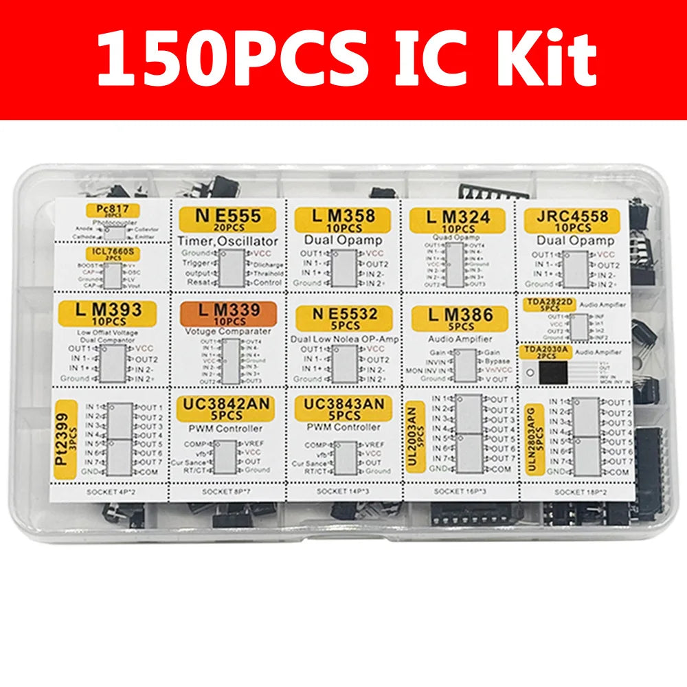 150pcs DIP Integrated Circuit Chip Assorted IC Box Set Amplifiers LM358 JRC4558 LM393 ICL7660 NE555 for Electronics Projects