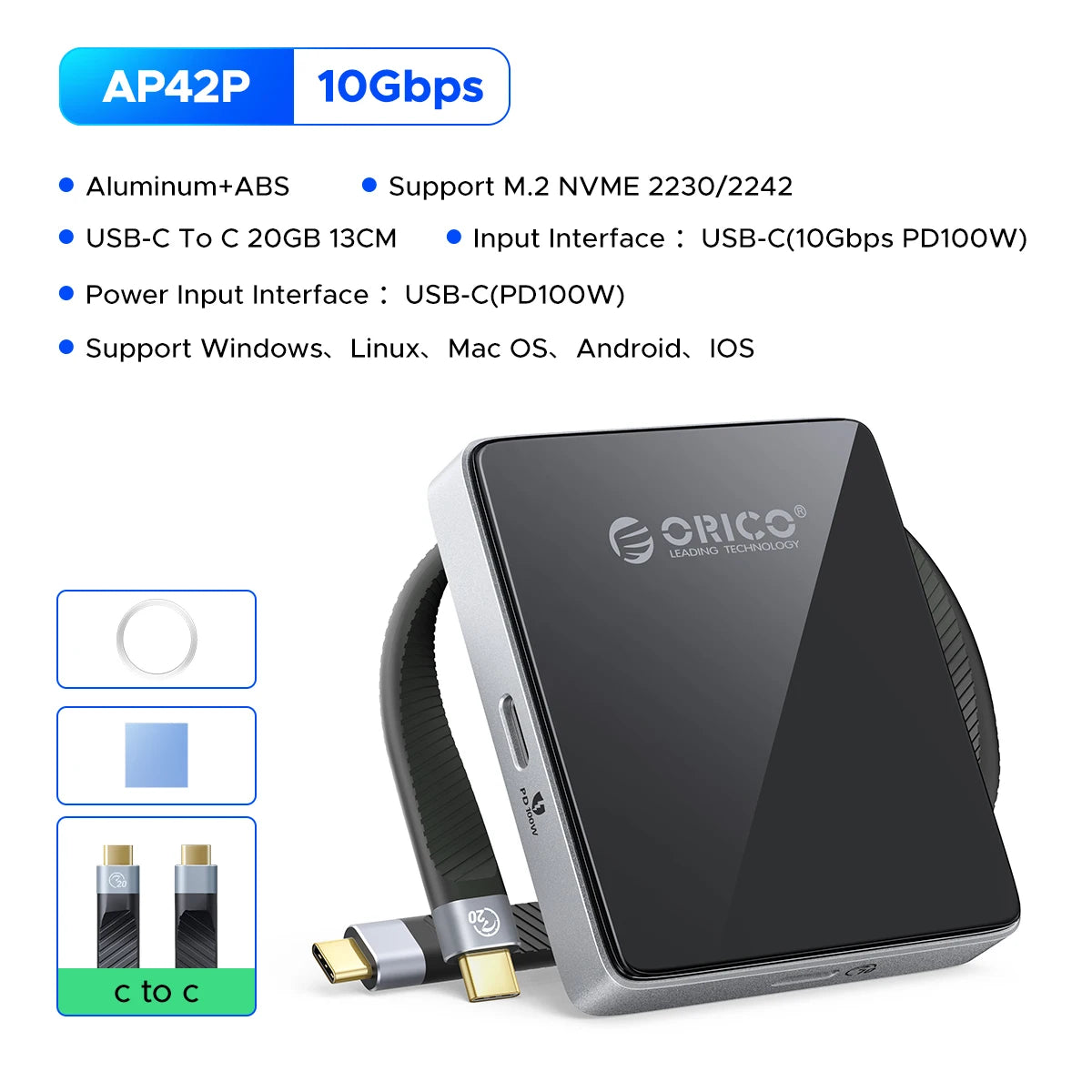 ORICO Magnetic M.2 2230/2242 NVMe SSD Enclosure for iPhone 4K ProRes Recording ith SD/TF 3.0 Card Reader PD100W Charging Port