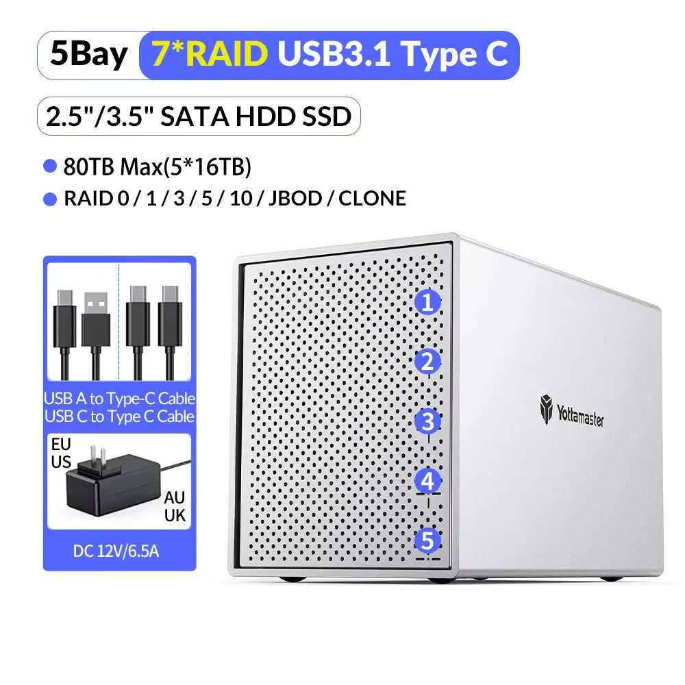 【Local Warehouse!】Yottamaster Aluminum PS500C3 USB3.1 Type C External Hard Drive Enclosure for 2.5" 3.5" SATA HDD SSD Storage