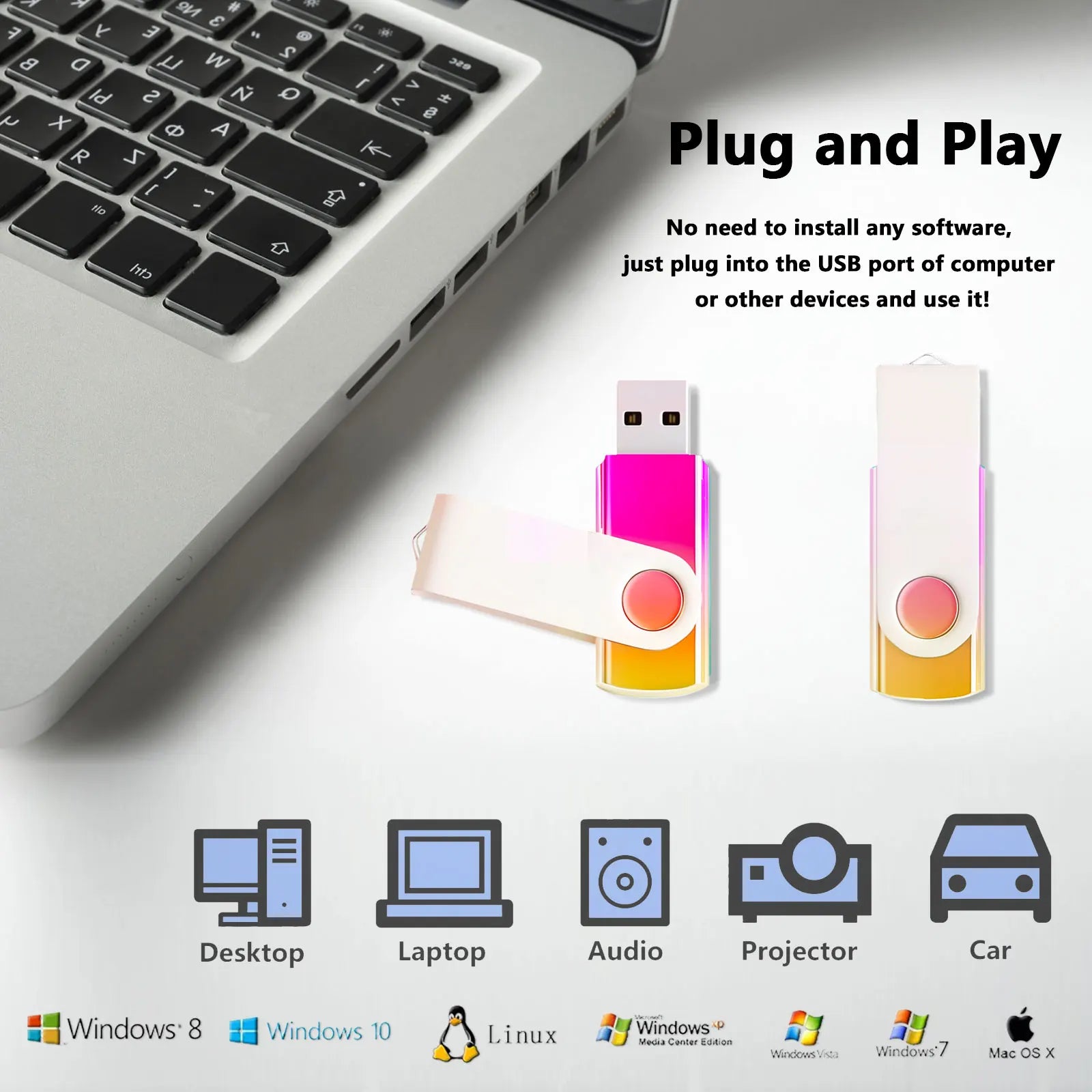 5 Pack USB Flash Drives Gradient Color USB 2.0 Memory Stick Wholesale Bulk Swivel Design Thumb Drive for Data Storage