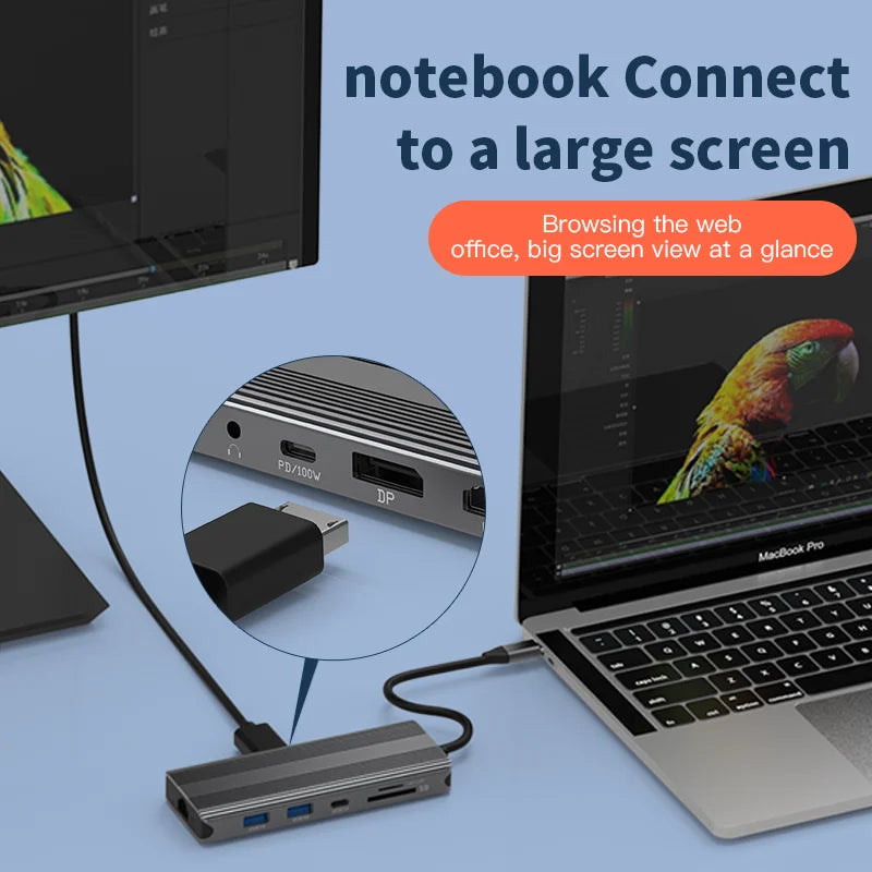 Blueendless 10 in 1 Ports Type C Adapter 4K 120Hz 8K DP Port Type C Data Transfer USB3.0 TF SD Reader Headphone Socket
