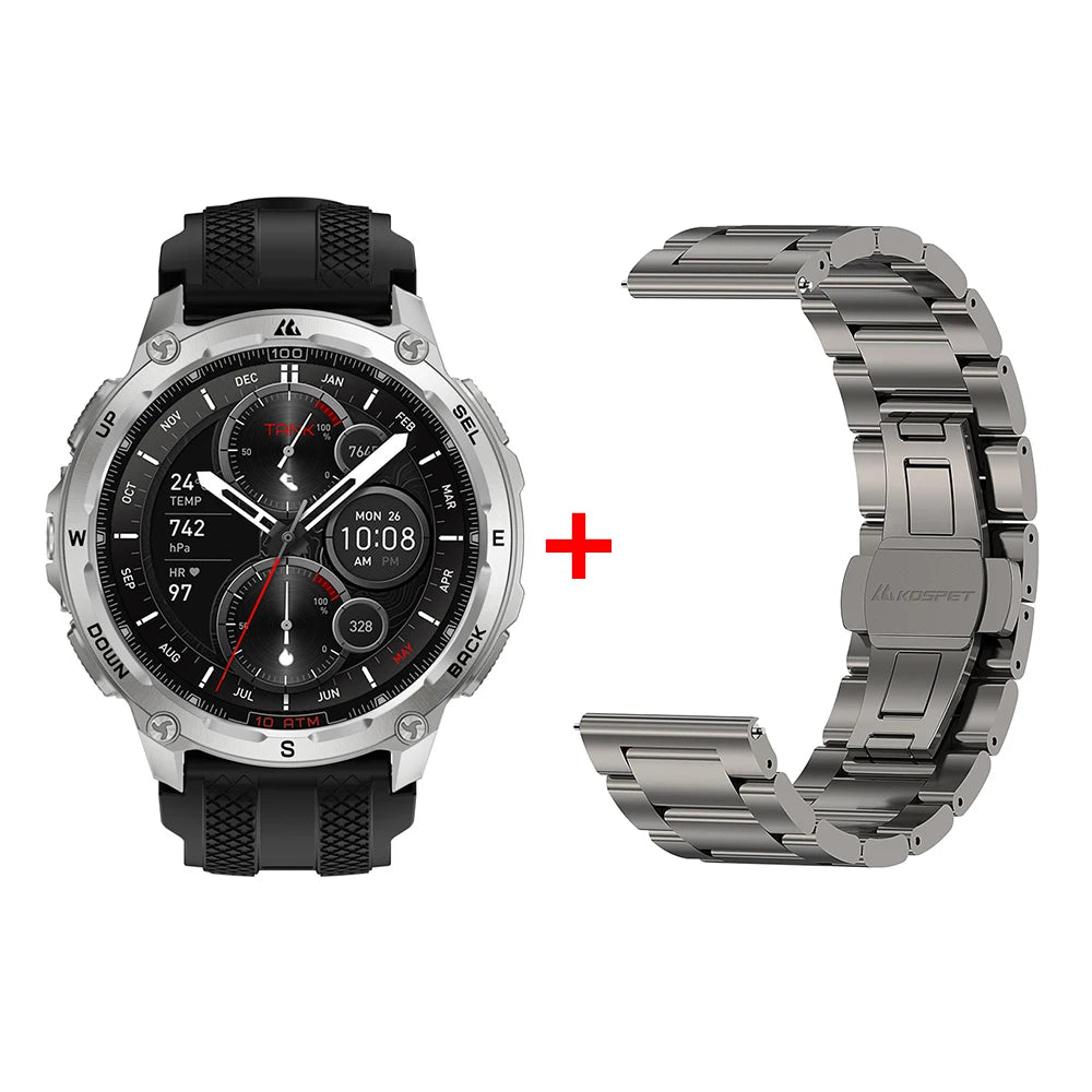 KOSPET Tank T4 Men's Rugged Smart Watch Military Grade GPS Stainless Steel 100M Waterproof 45M Freediving 24/7 Health Monitor