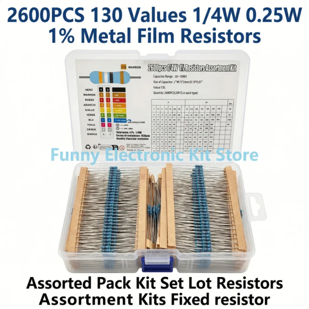 2600pcs/lot 130 Values 1/4W 0.25W 1% Metal Film Resistors Assorted Pack Kit Set Lot Resistors Assortment Kits Fixed resistor