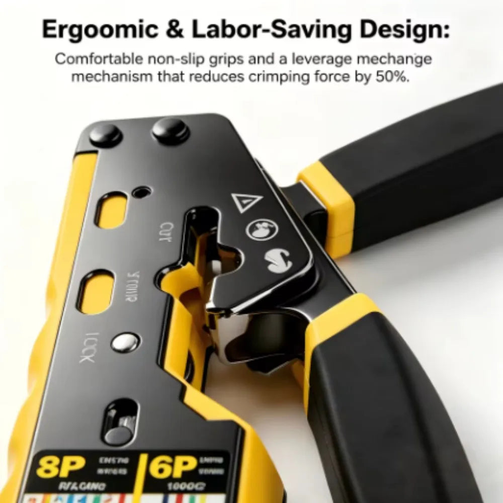 BEECHIP RJ45 Crimp Tool Pass Through Ethernet Crimping Tool for Cat6 Cat5 Cat5e RJ45 Connectors with Replacement Blade