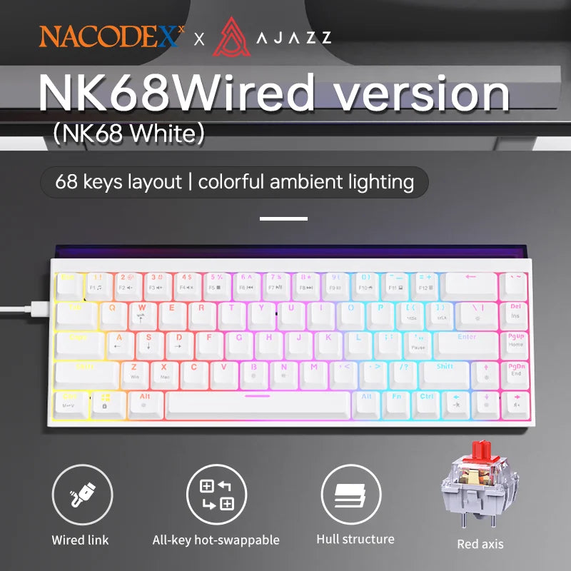 AJAZZ NK68 V2 Wired Mechanical Gaming Keyboard, Red Switch, Full Hot-Swappable, RGB Streamer Light, 68 Keys for Gaming & Office