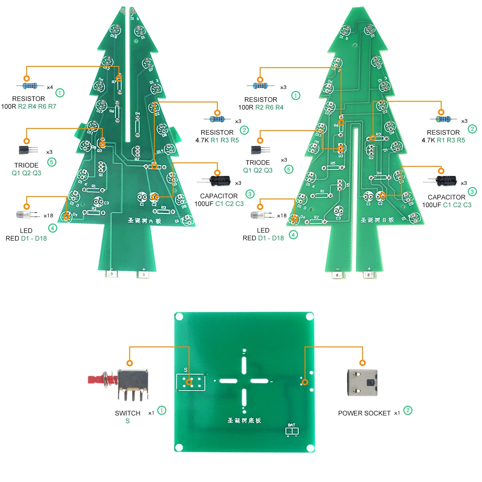 Three-Dimensional 3D Christmas Tree LED DIY Kit Red/Green/Yellow LED Flash Circuit Kit Electronic Fun Suite