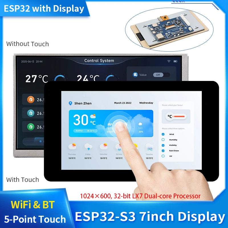 ESP32-S3 7 Inch 1024x600 IPS Screen Touch Display LX7 Dual-Core 16MB Flash WiFi BT5 Development Board for ESP32 GUI LVGL HMI