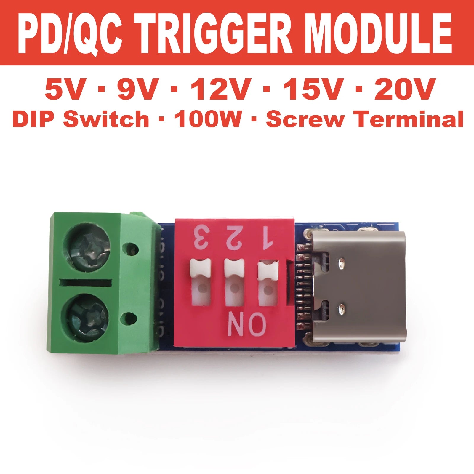 PD Trigger Module Type-C 5V 9V 12V 15V 20V Adjustable Decoy 100W Plug and Play No Soldering for Fast Charging DIY Electronics