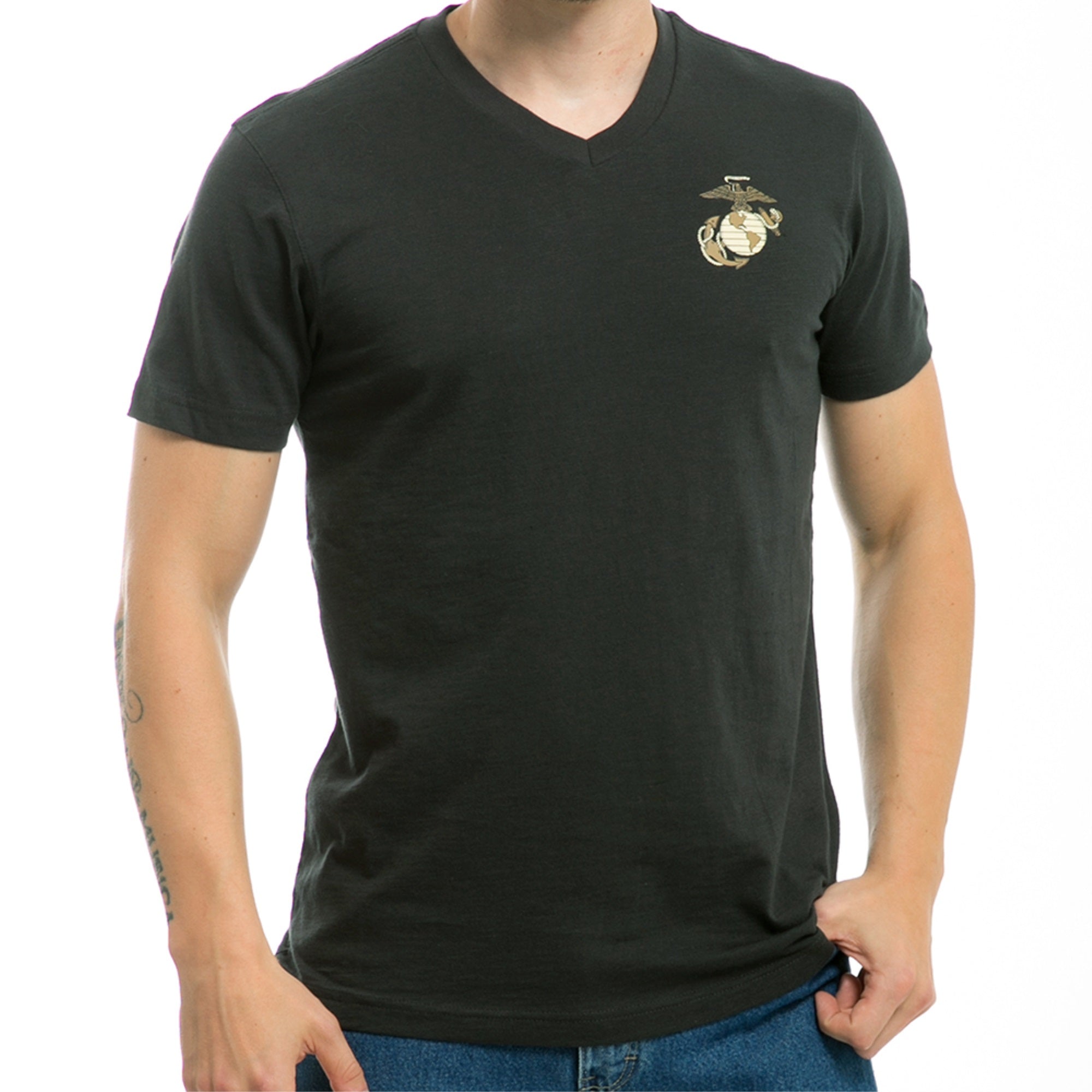 Military V Neck Tee, Marines, Black, L