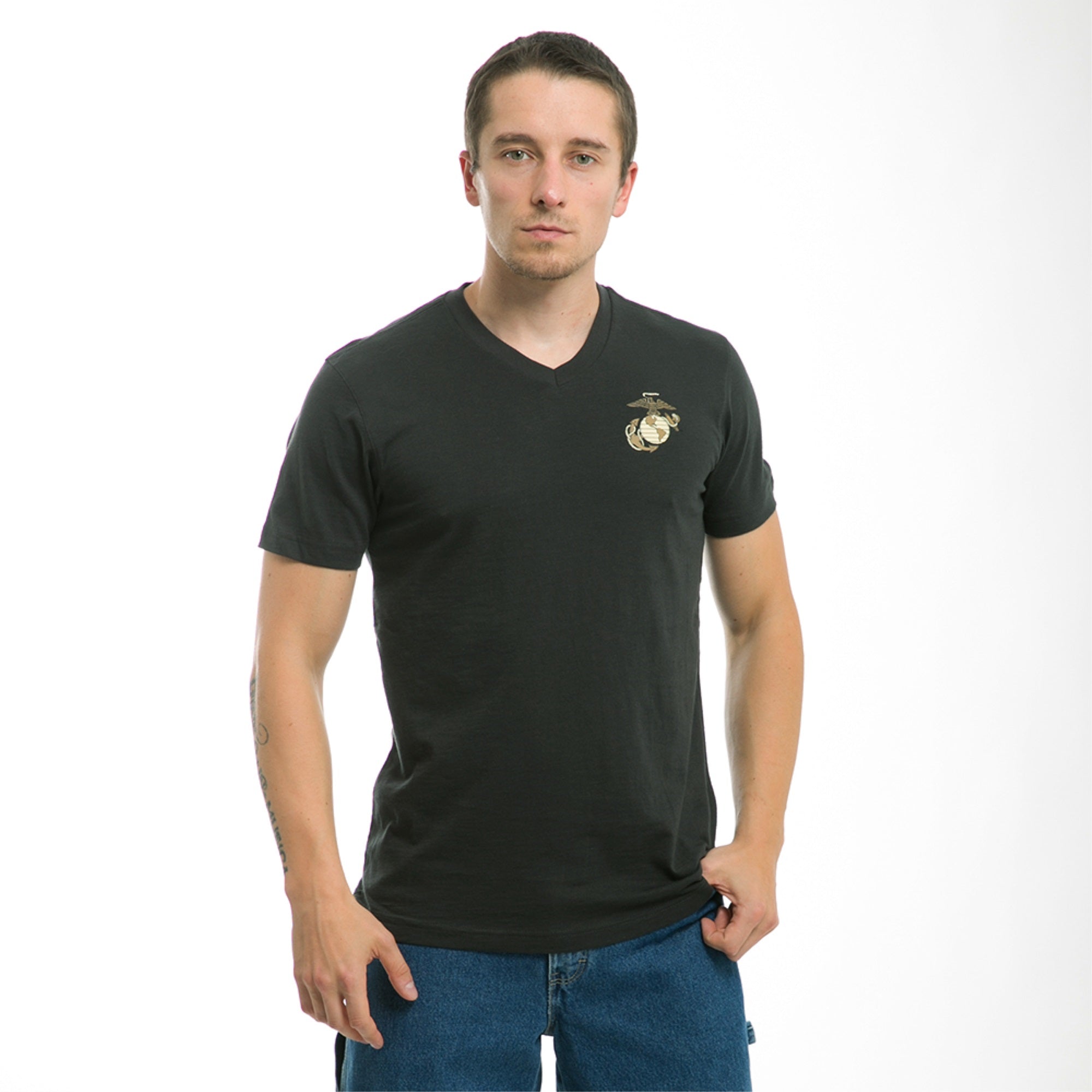 Military V Neck Tee, Marines, Black, Xl