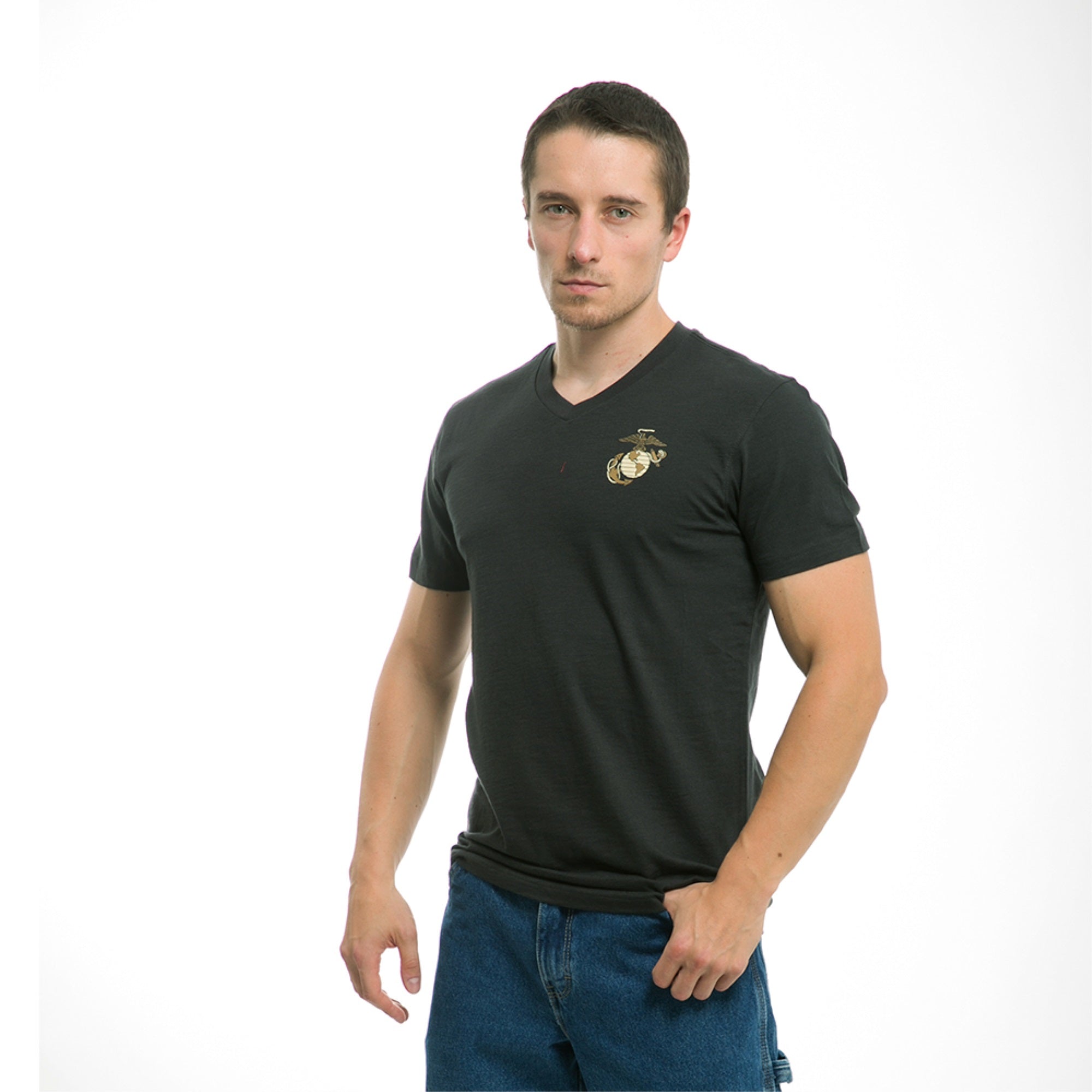 Military V Neck Tee, Marines, Black, Xl