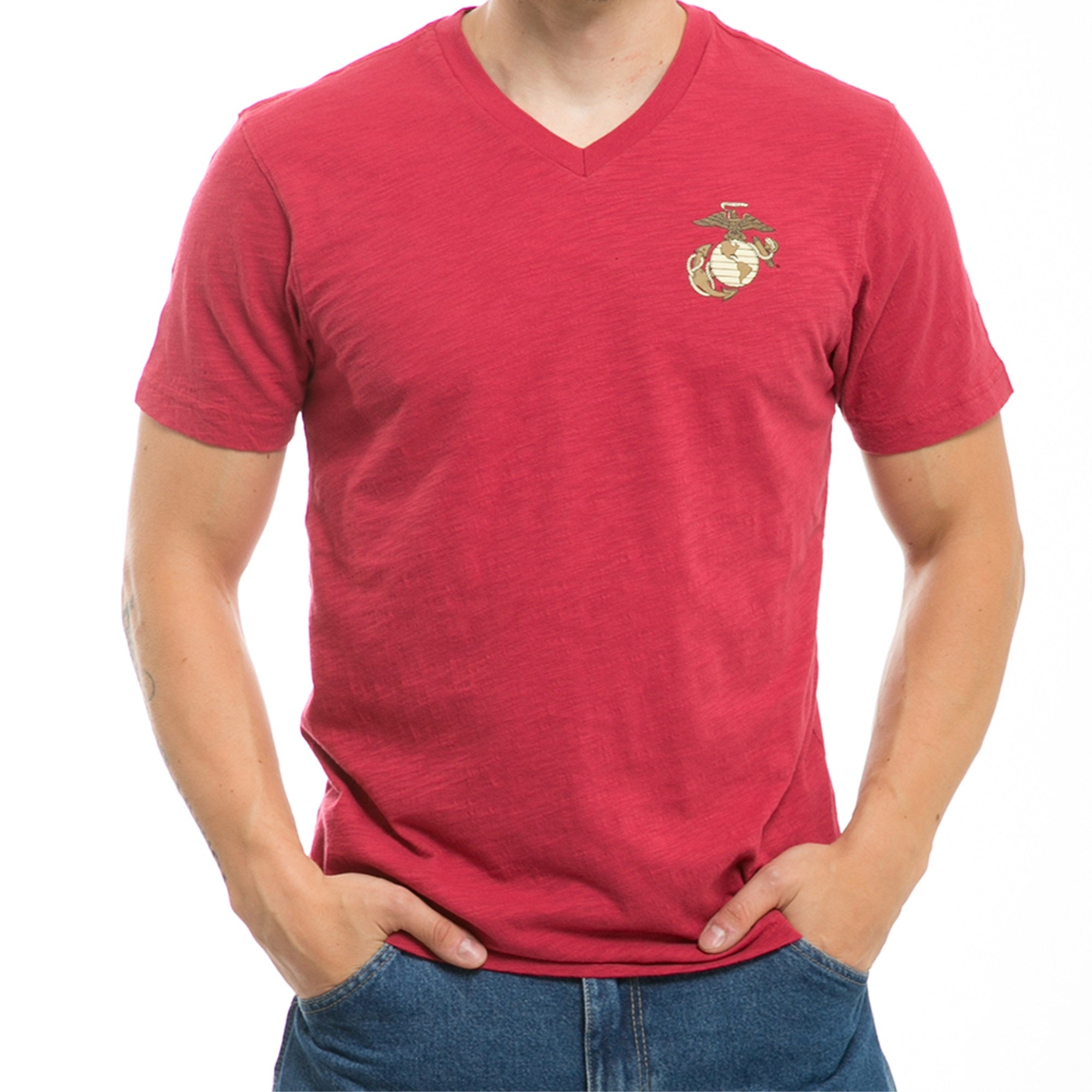 Military V Neck Tee,Marines,Cardinal, L