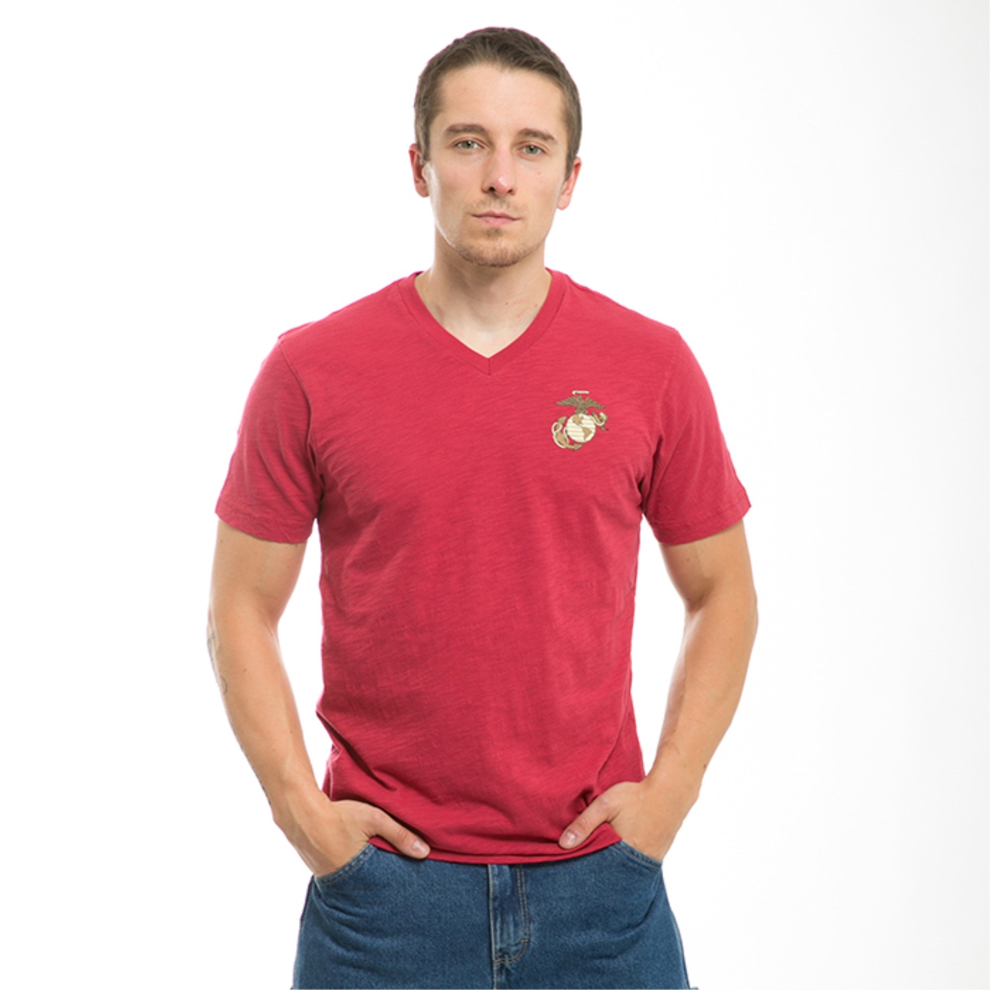 Military V Neck Tee,Marines,Cardinal, L