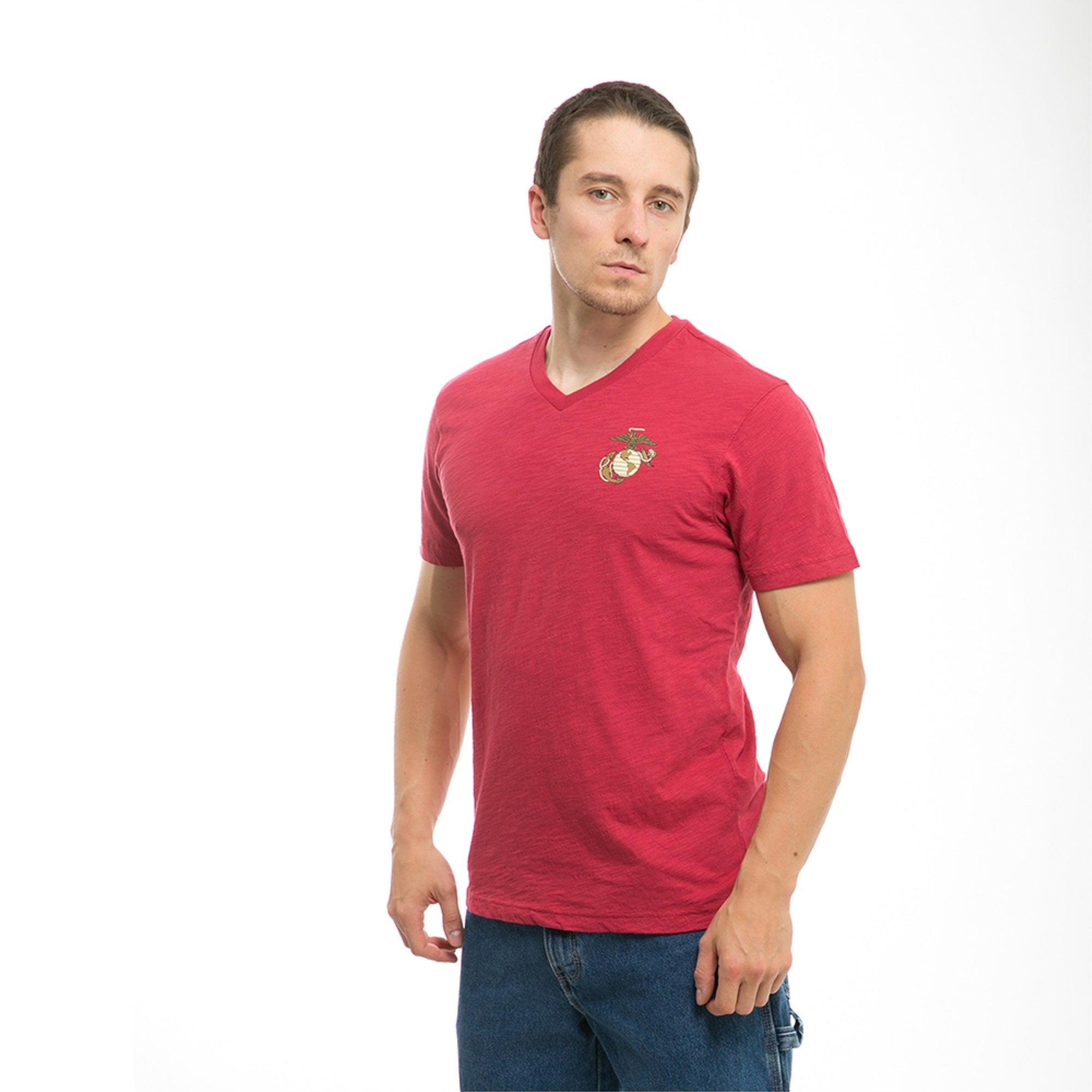 Military V Neck Tee,Marines,Cardinal, L