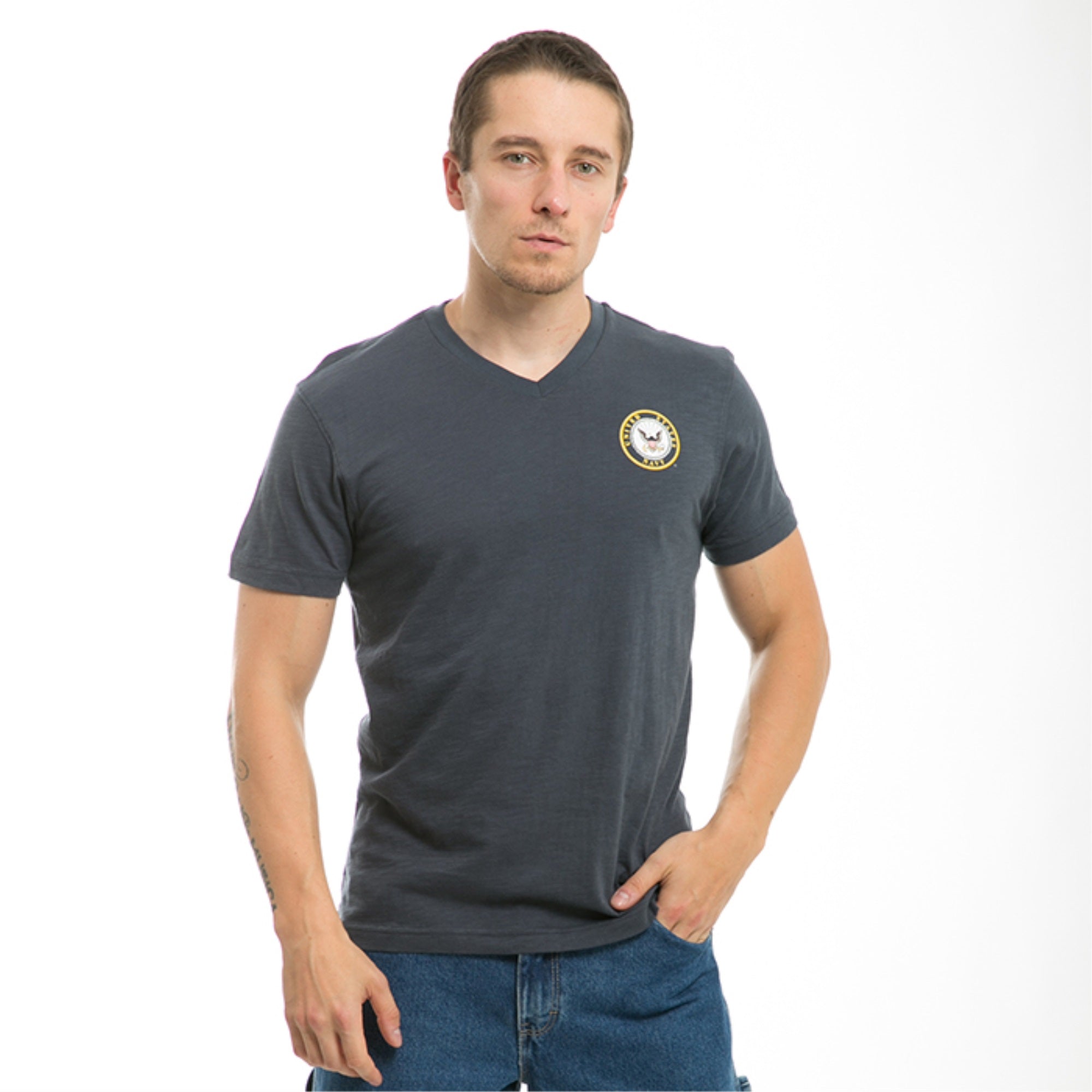 Military V Neck Tee, Navy, Navy, M