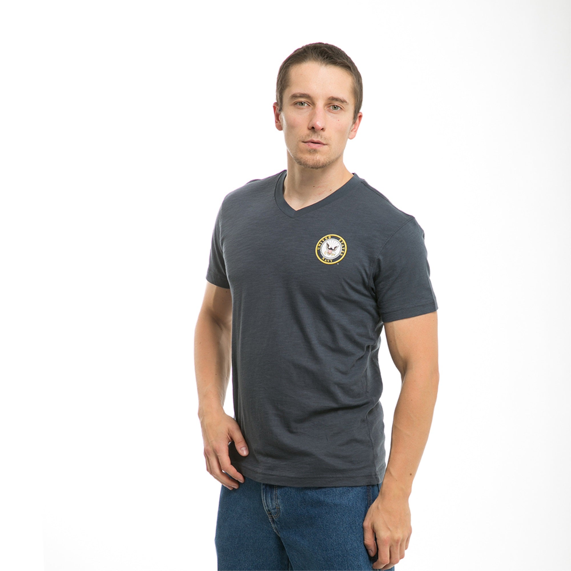 Military V Neck Tee, Navy, Navy, M