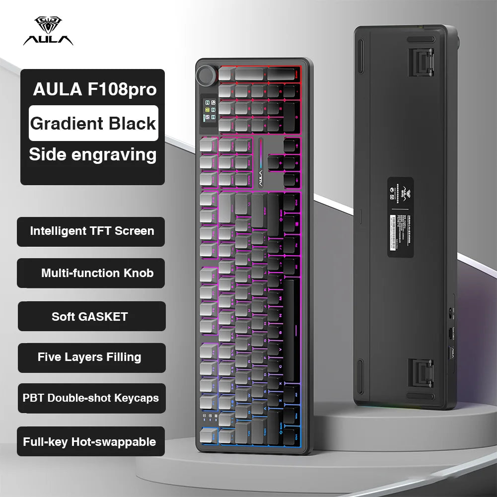 AULA F108 Pro Wireless Bluetooth Keyboard Macro Gaming Keyboard Gasket Hot-swap Full Size Keyboard with TFT Smart Display
