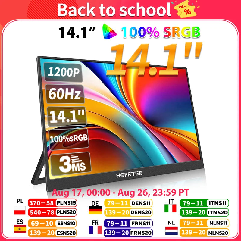 HGFRTEE 14.1inch Mobile Portable Monitor IPS Second Game Screen Extended Display for Laptop with Bracket For xbox/raspberry Pi