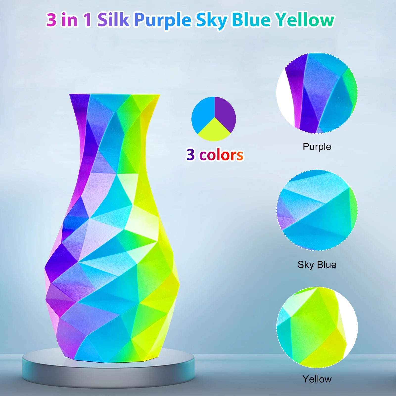 Tricolor Silk PLA 3D Printer Filament, 1.75mm Multicolor 3D Printing Filament, Purple&Sky Blue&Yellow Filament, 250g (0.55lbs)
