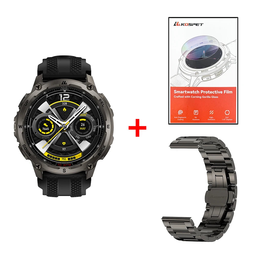 KOSPET Tank T4 Men's Rugged Smart Watch Military Grade GPS Stainless Steel 100M Waterproof 45M Freediving 24/7 Health Monitor