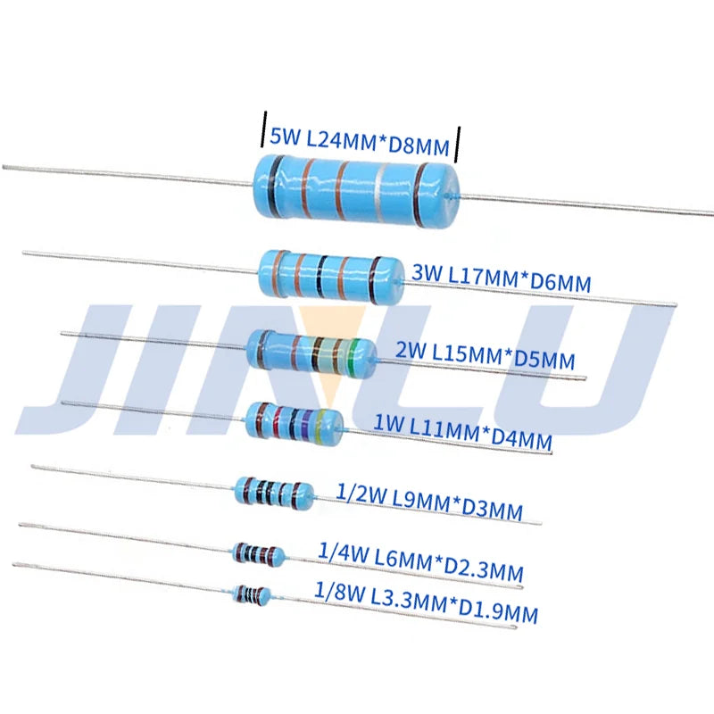 100pcs 1/4W Metal Film Resistor 5.6 6.2 6.8 56 62 68 560 620 680 R Ohm K M 1% 0.25W Five-color Ring Resistance 5R6 6R2 6R8 56R