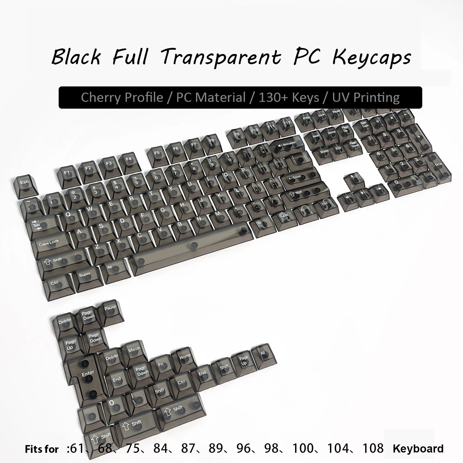 130 Keys Black Full Transparent PC Keycaps UV Printing Clear Crystal Key Caps Cherry Profile for MX Switches Gaming Keyboard