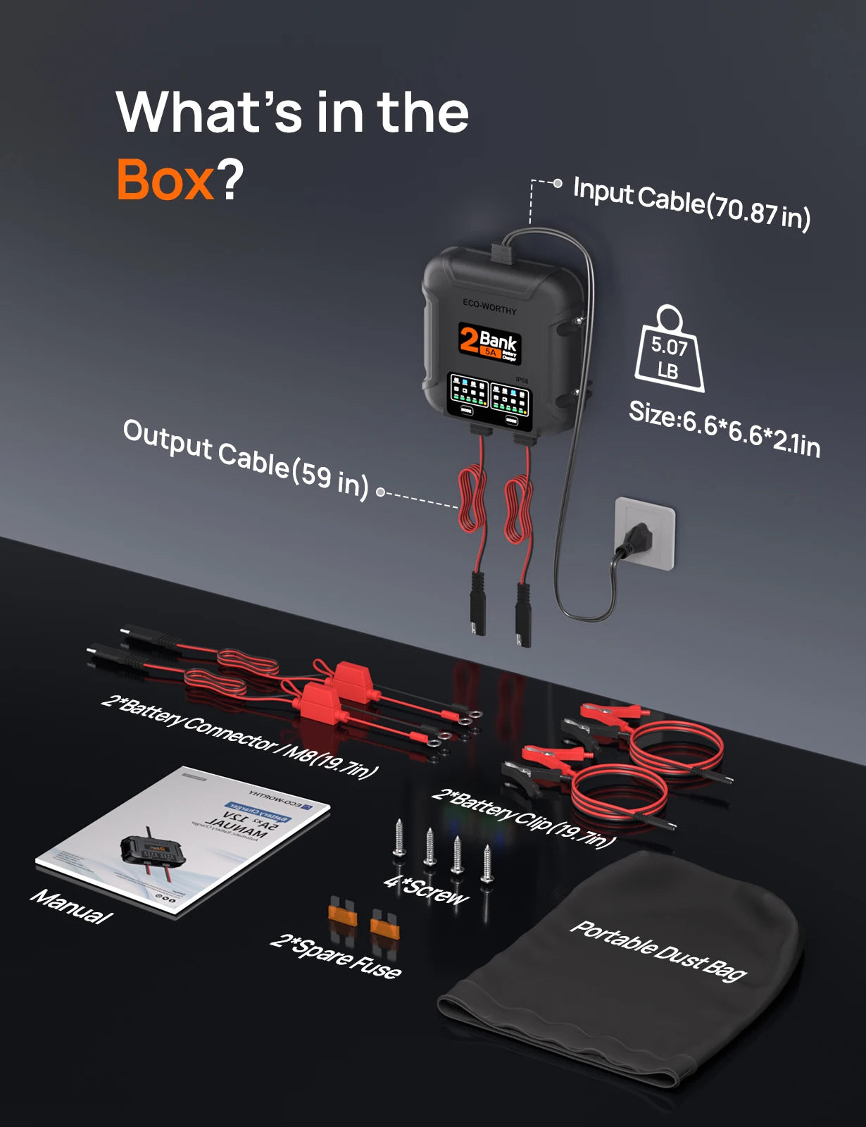 ECO-Worthy 2-Bank Marine Battery Charger 10A (5A/Bank), IP68 Waterproof 12V Charger & Maintainer for Boat RV Car