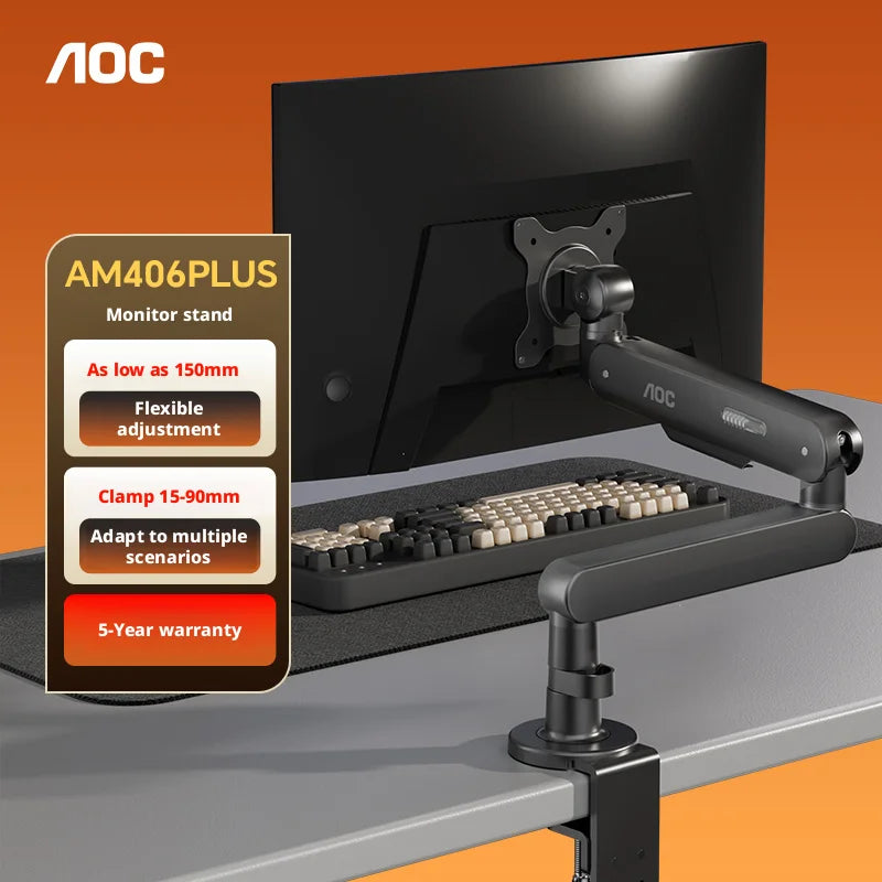 AOC AM406PLUS Premium Aluminum Adjustable Single Monitor Mount Desktop Bracket Display Arm Holder Desktop Clamp Stand Home Office Monitor Stand