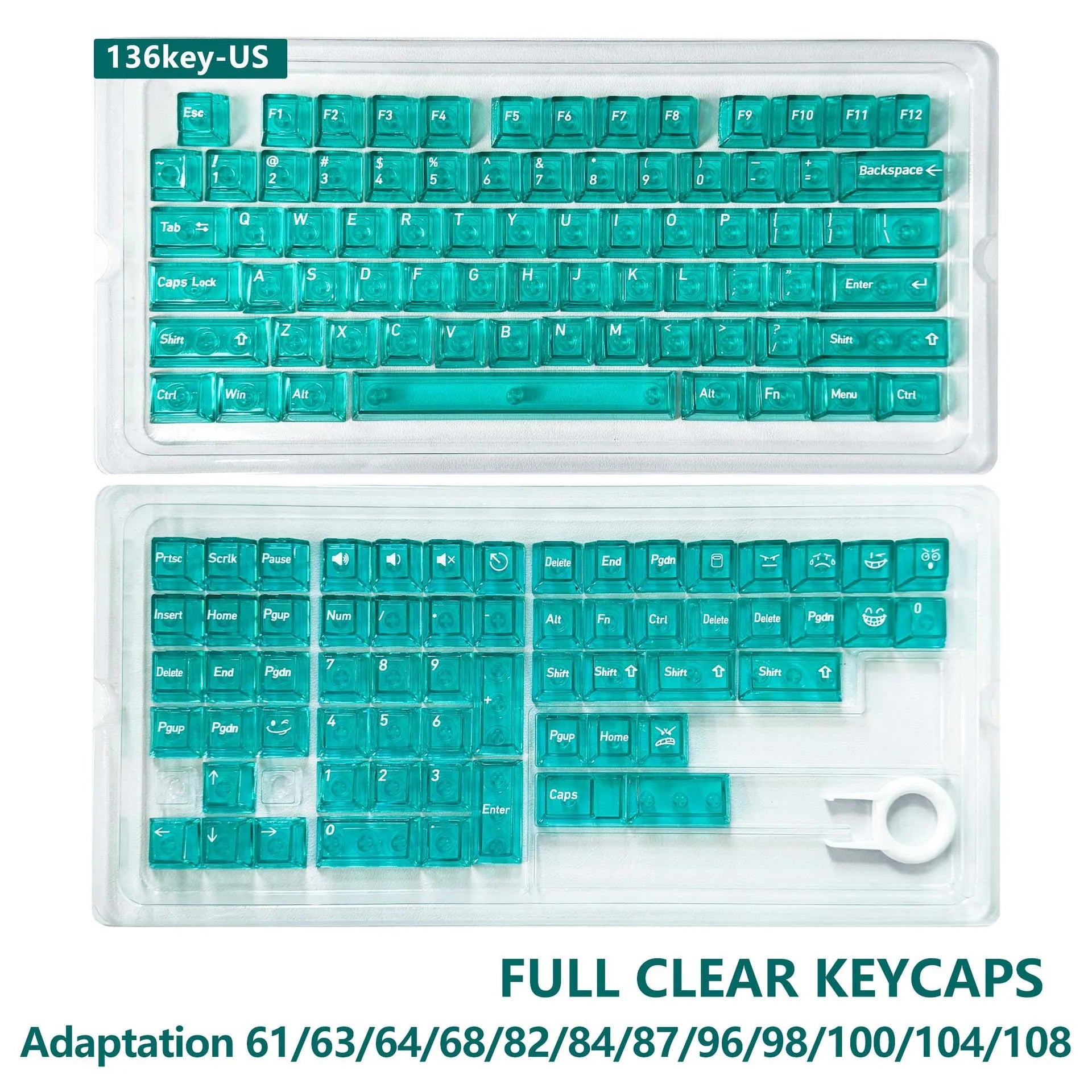 130 Keys Black Full Transparent PC Keycaps UV Printing Clear Crystal Key Caps Cherry Profile for MX Switches Gaming Keyboard