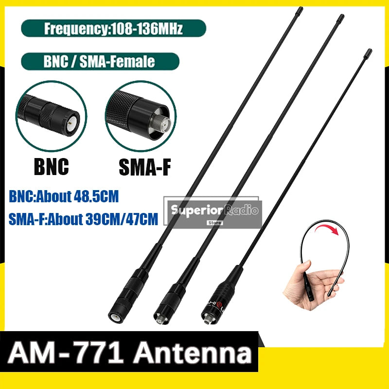 Walkie Talkie AM-771 Air Band Antenna 108-136Mhz BNC Connector For IC-A6 IC-A25 IC-A16 FTA-550L Radio SMA-F For DM-32 UV-K6 UVK5