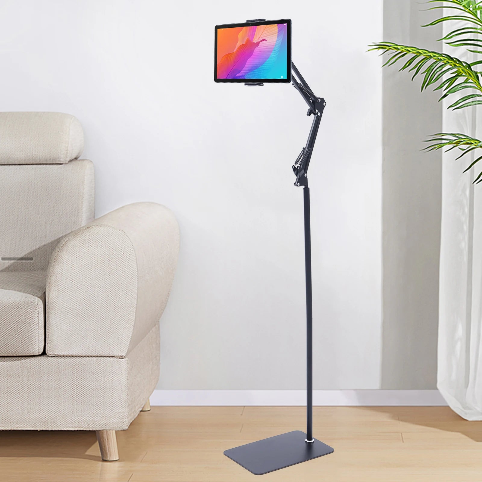 Tablet Floor Stand, 360° Swivel Adjustable Height & Angle, Heavy Duty Carbon Steel, Non-Slip Base, Portable & Foldable, Universal Holder for 12-18cm Phones & Tablets, for Home Office Kitchen Gym Bedroom, Easy Assembly