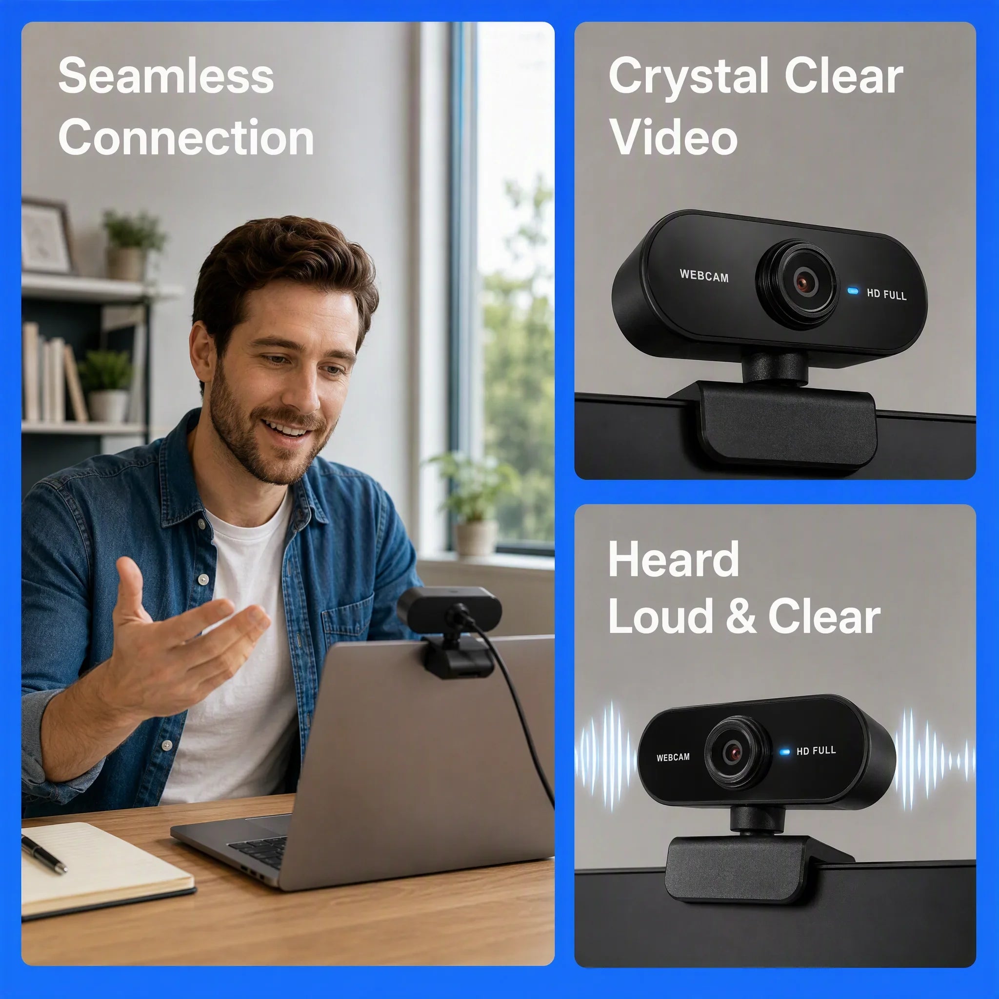 USB Webcam with Microphone for Laptop Desktop, 360° Rotatable Plug-and-Play Camera for Video Calls & Conferences