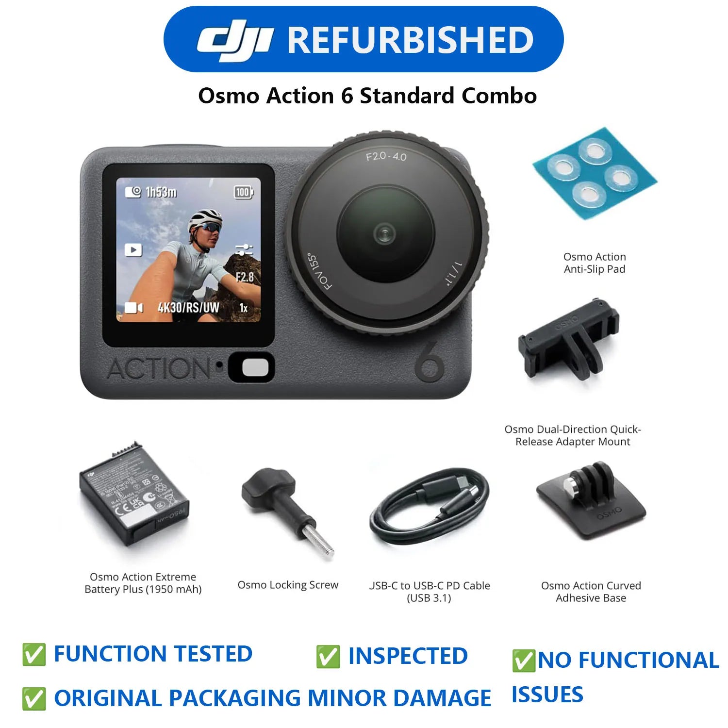 Open Box-DJI Osmo Action 4,Action 5,Action 6 Combo 8K Action Camera 1/1.1" Square Sensor Variable Aperture F/2.0-f/4.0 Rocksteady 3.0 Cold-Resistant 4hrs Battery 50GB Storage Vlogging Camera
