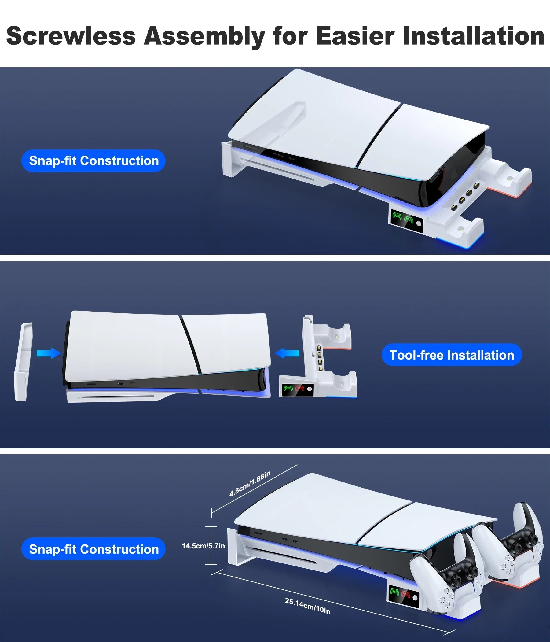 BEBONCOOL PH100 for PS5 Pro/Slim Digital / Disc Version Horizontal Charging Brack with Lights Suitable for PS5 Accessories