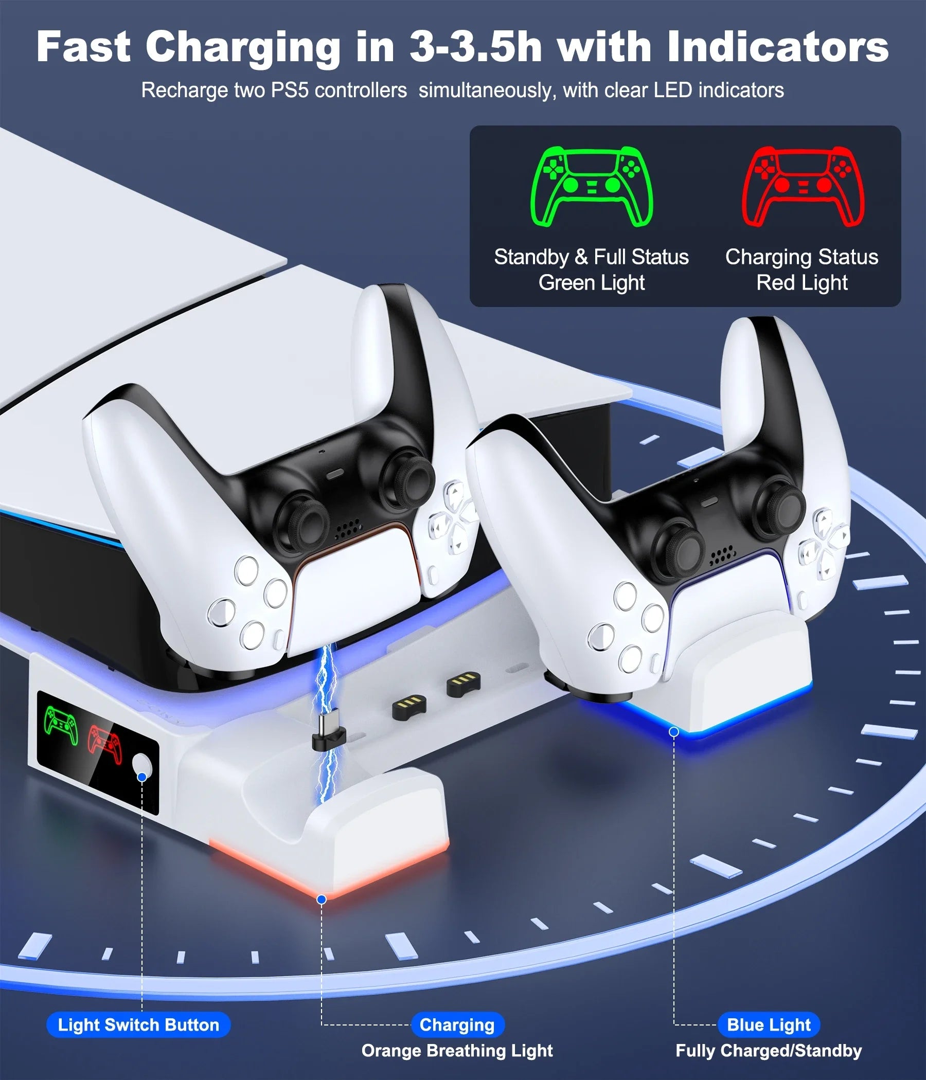 BEBONCOOL PH100 for PS5 Pro/Slim Digital / Disc Version Horizontal Charging Brack with Lights Suitable for PS5 Accessories