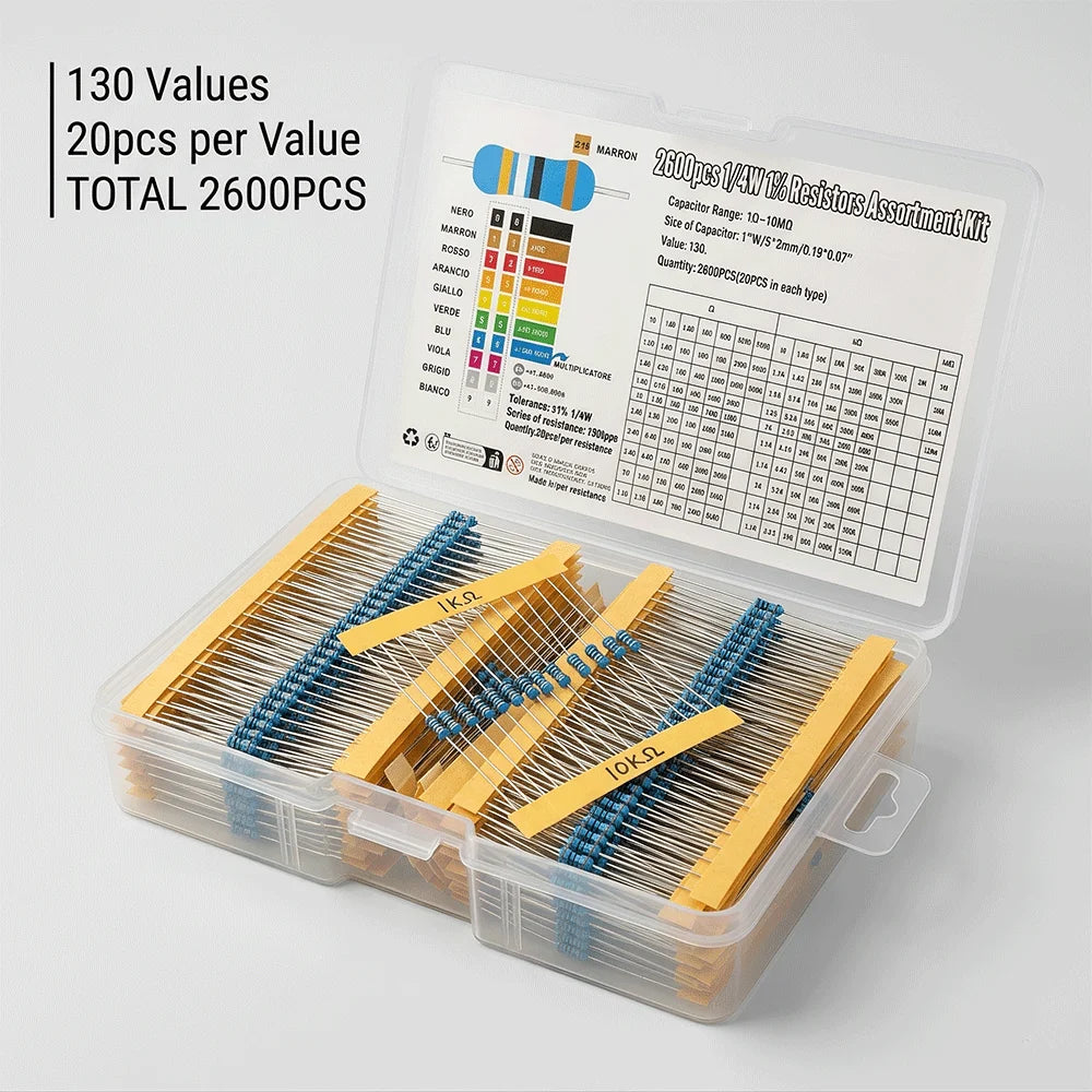 2600pcs/lot 130 Values 1/4W 0.25W 1% Metal Film Resistors Assorted Pack Kit Set Lot Resistors Assortment Kits Fixed resistor