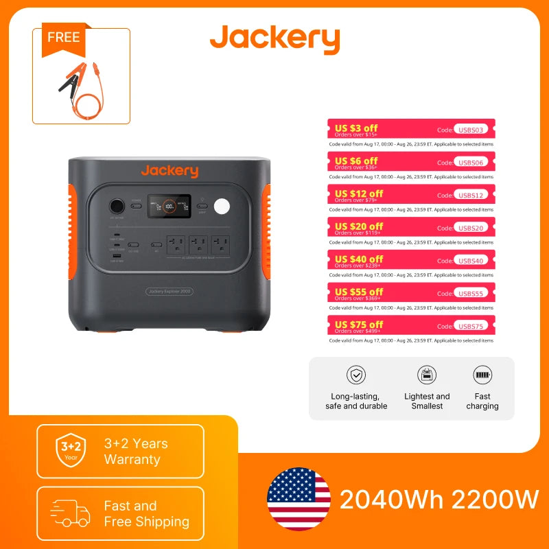 Jackery Explorer 2000 v2 with 12V Charging Cable,2200W output and 2040Wh of LiFePO₄ (LFP) capacity,5 years Warranty