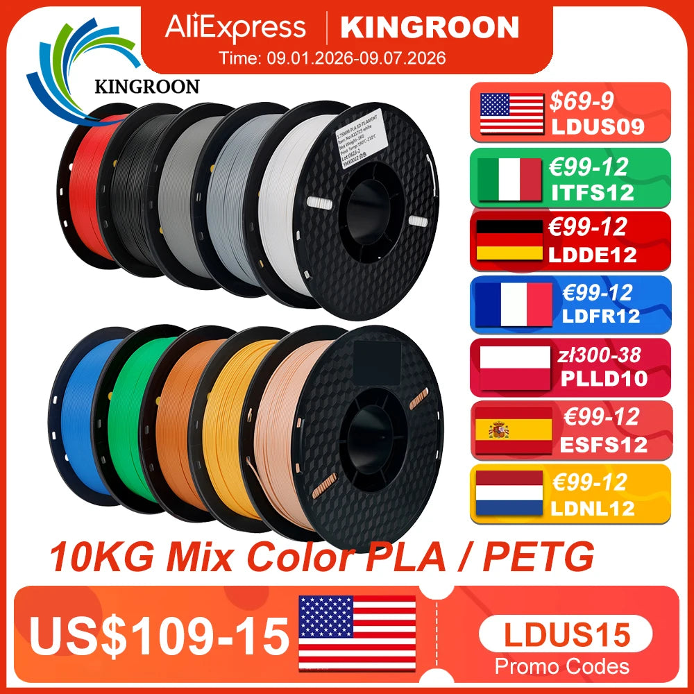 KINGROON 22LBS PETG or PLA Filament 3D Printer Filament 10 Rolls 1KG 1.75MM Eco-Friendly Good Toughness Mix Color Free Shipping